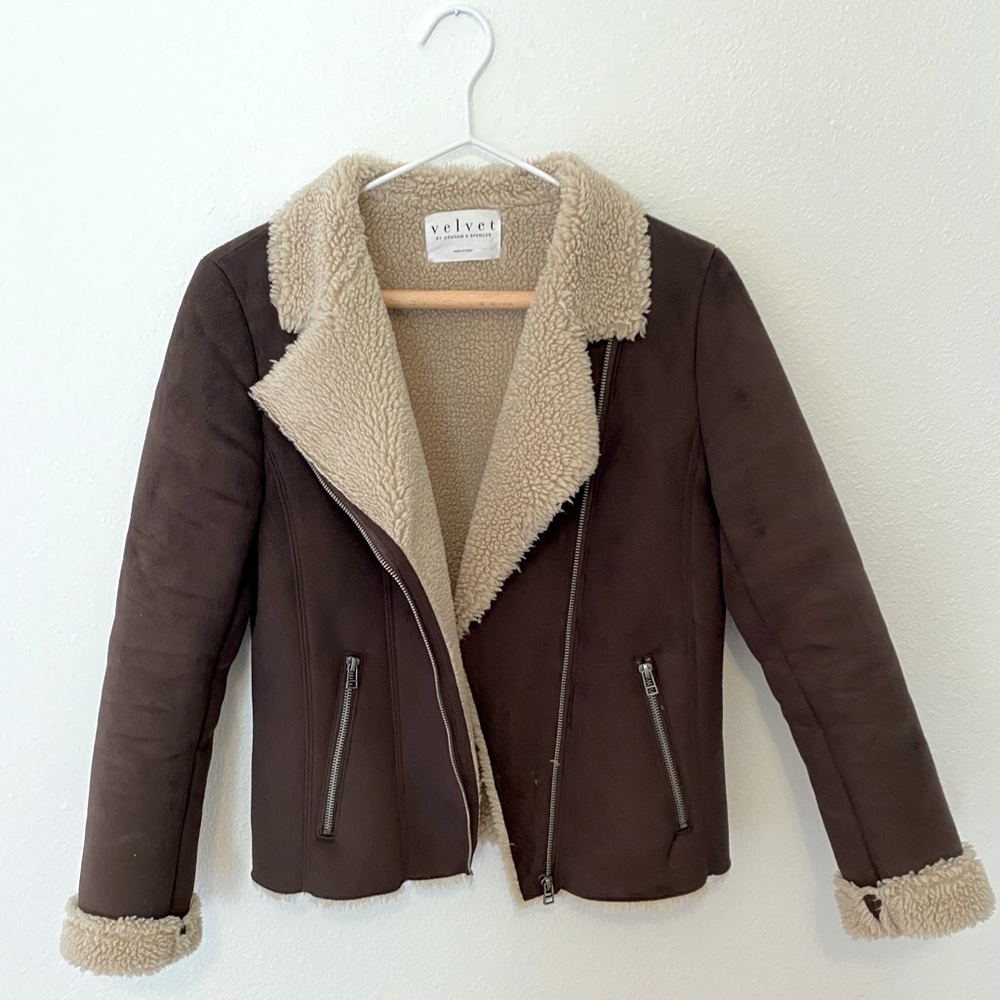 Velvet Brown Shearling-Trim Moto Jacket